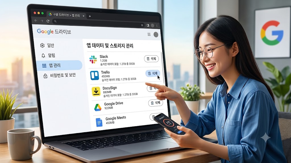 구글 드라이브 설정 내 앱 관리 탭에서 숨겨진 앱 데이터 삭제 옵션을 누르는 화면