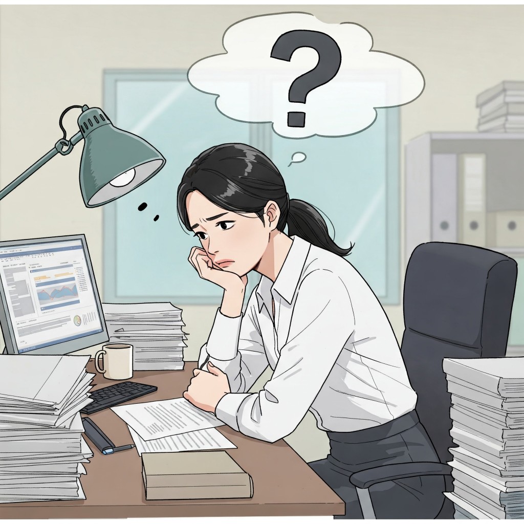 이직을 고민하며 책상에 앉아 생각에 잠긴 한국 여성 직장인, 머리 위에 물음표 생각 풍선