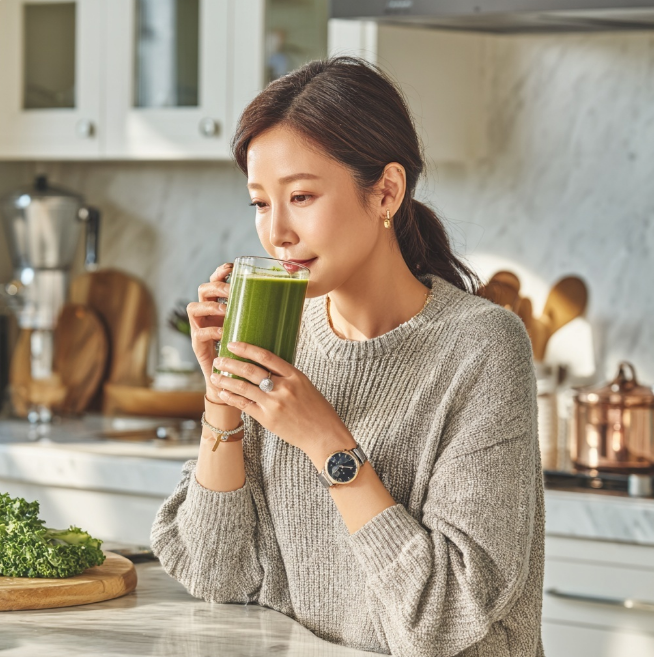케일즙을 갈아서 마시는 여성