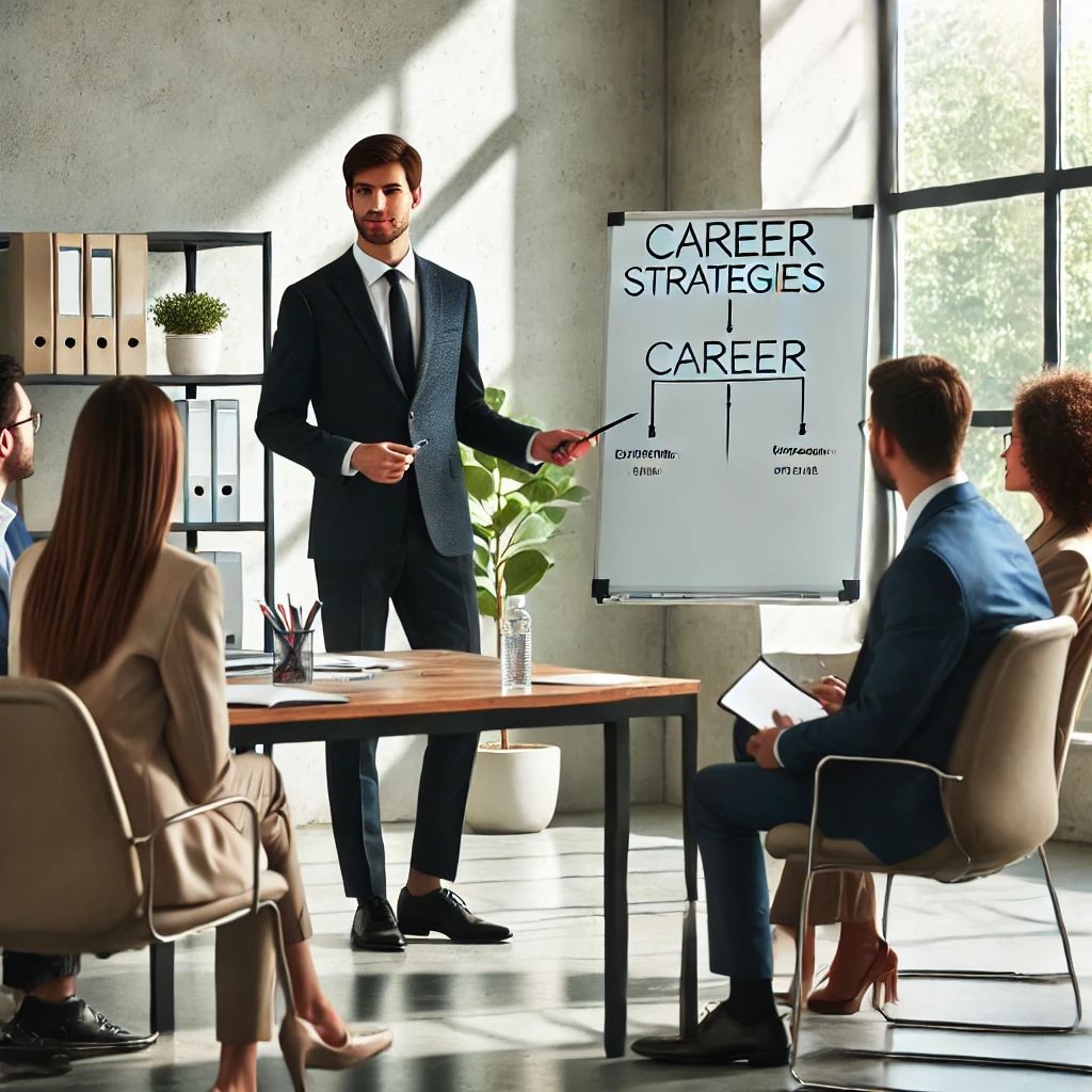 화이트보드 앞에서 상담 전략 설명 중인 상담사