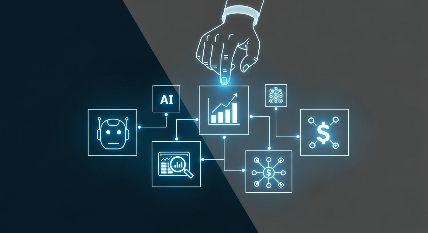 초보 투자자를 위한 다양한 인공지능 투자 도구들을 시각적으로 보여주는 일러스트