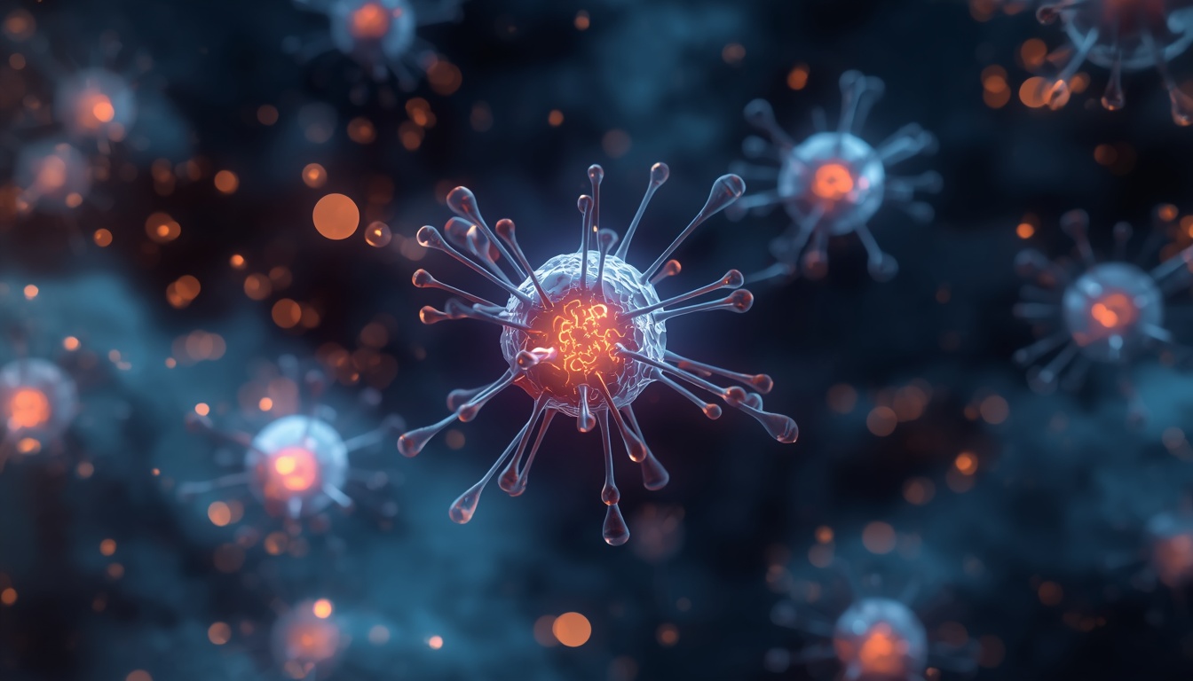 Microscopic view of senescent zombie cells being targeted by medical nanobots.