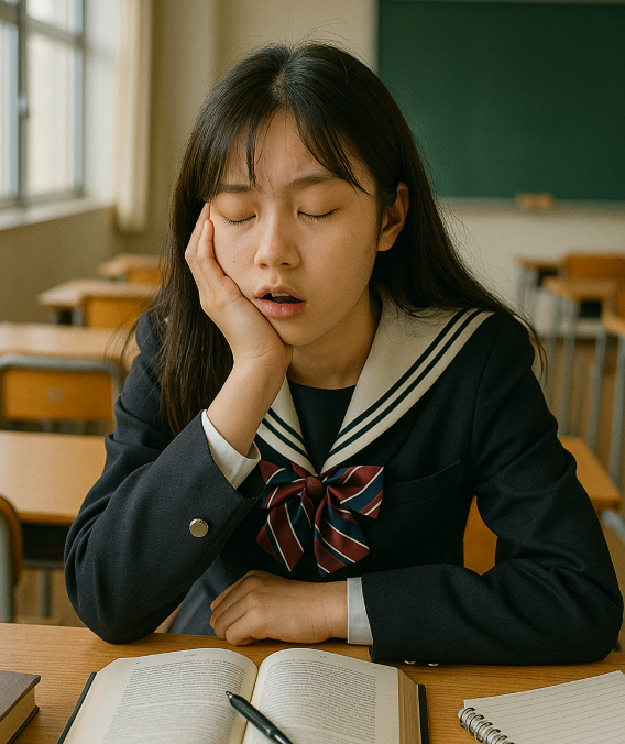 춘곤증으로 졸려하는 수험생의 모습