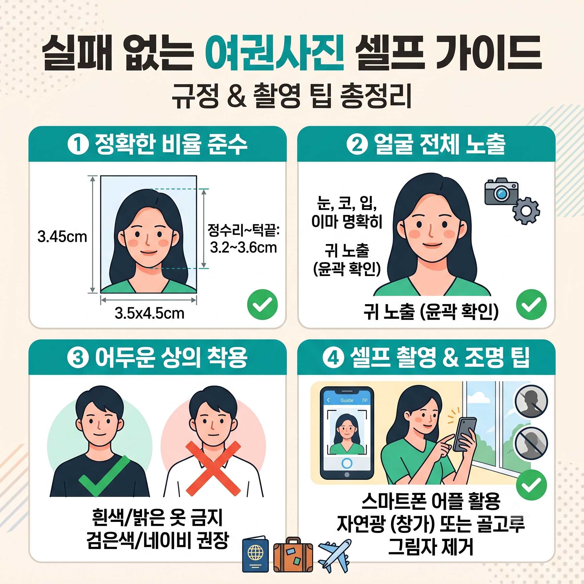 실패 없이 한 번에 통과하는 여권사진 규정 및 셀프 촬영 가이드