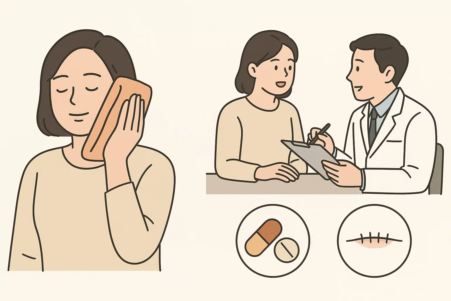 따뜻한 수건으로 온찜질하는 모습, 병원 진료를 받는 장면, 항생제·절개 치료