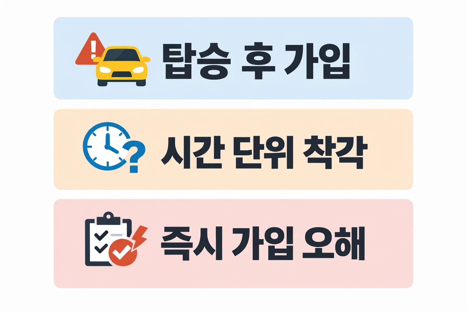 원데이 자동차보험 가입 시점 실수로 보장이 제외되는 대표 사례와 탑승 후 가입 위험성을 정리한 주의 안내 이미지