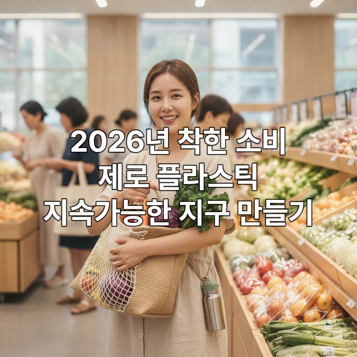 2026년 한국의 시장에서 재사용 장바구니에 신선한 농산물을 담고 환하게 웃는 젊은 한국 여성, 제로 플라스틱 소비 생활을 실천하는 모습.