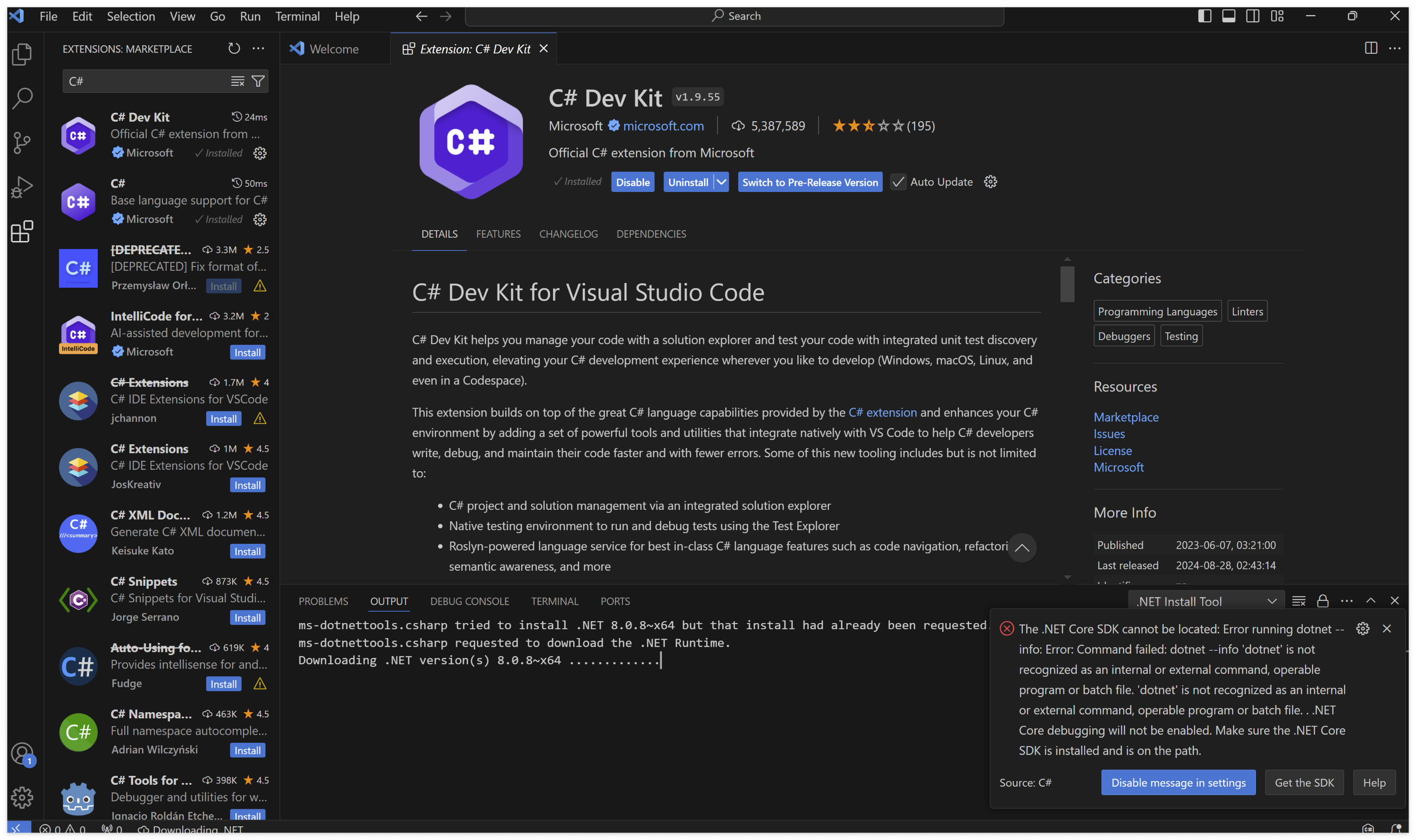 C# Dev Kit 설치