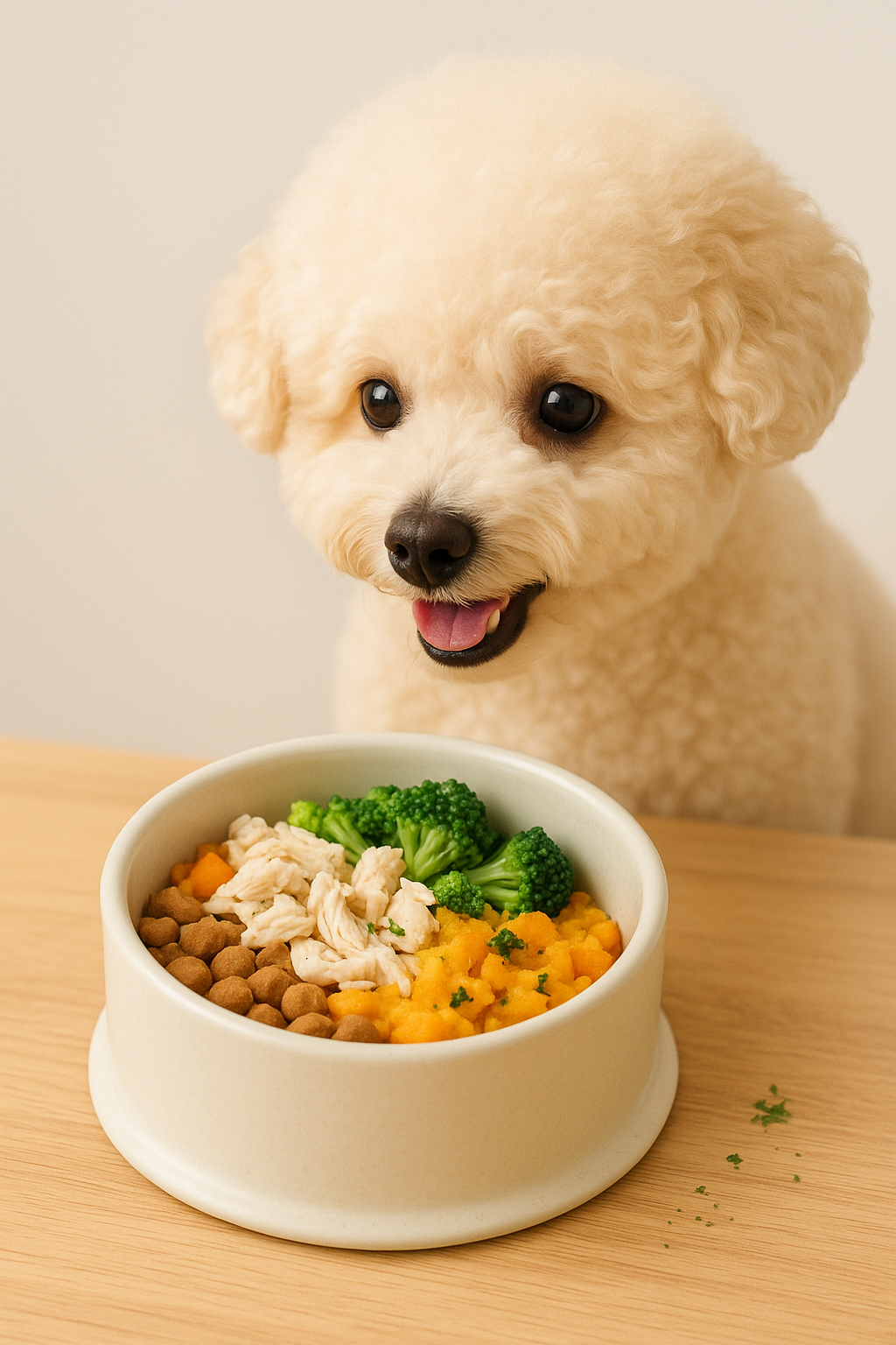 원목 테이블 위에, 예쁜 강아지 전용 그릇에 방금 조리한 듯한 화식과 적당량의 사료가 정갈하게 담겨 있는 모습을 강아지가 앞에서 기대에 찬 눈으로 바라보는 모습