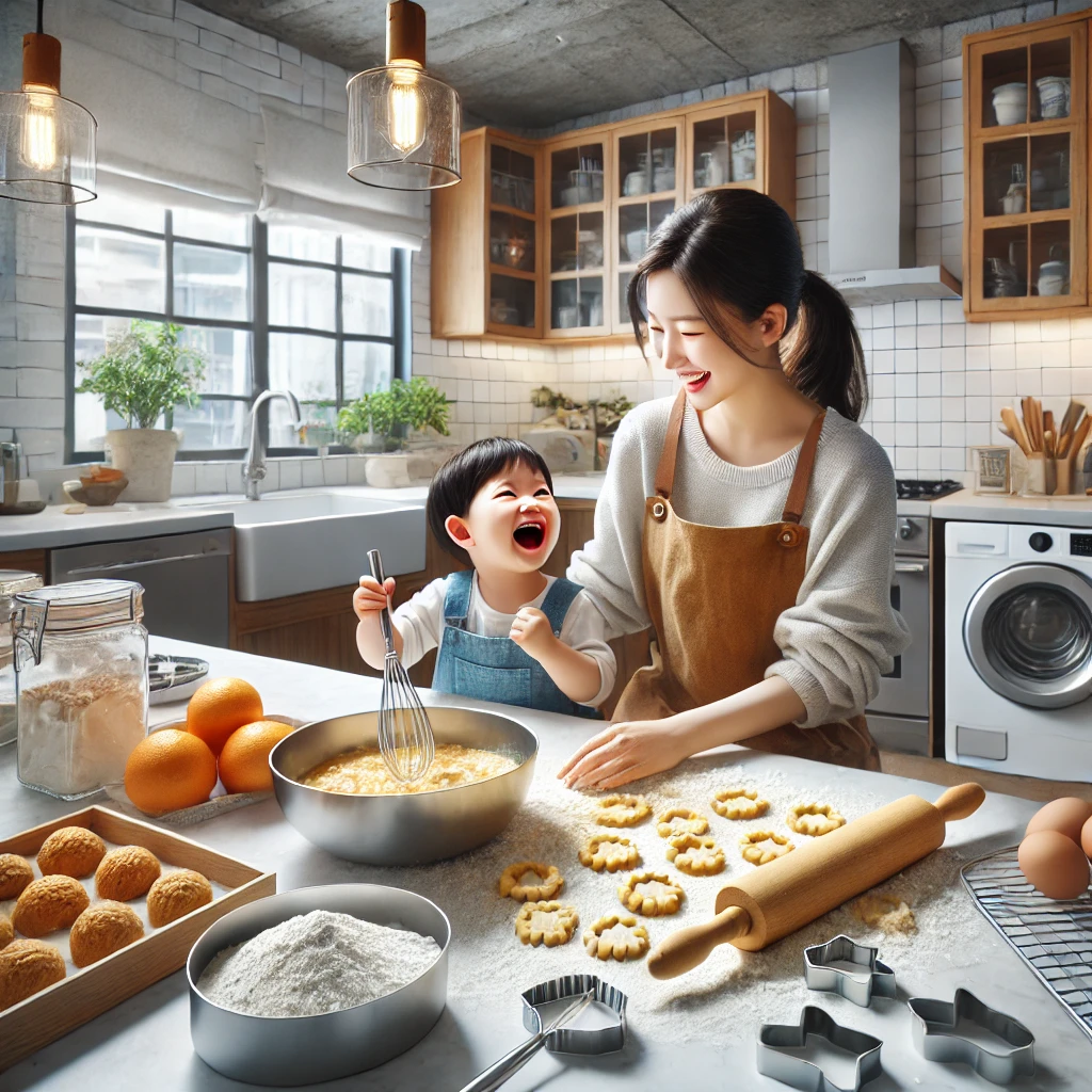 부모와 자녀가 현대적인 주방에서 함께 쿠키를 구우며 즐거운 시간을 보내는 모습. 밀가루와 쿠키 커터가 놓여 있고&amp;#44; 밝고 자연스러운 조명