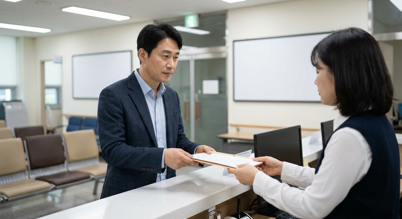 주민센터 창구에서 서류 제출하는 남성