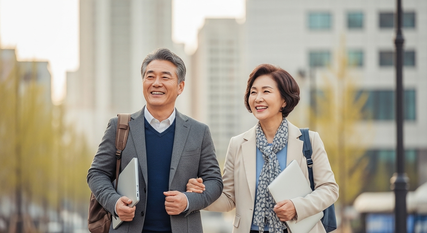 도시에서 노트북 가방을 메고 걷는 중년 커플