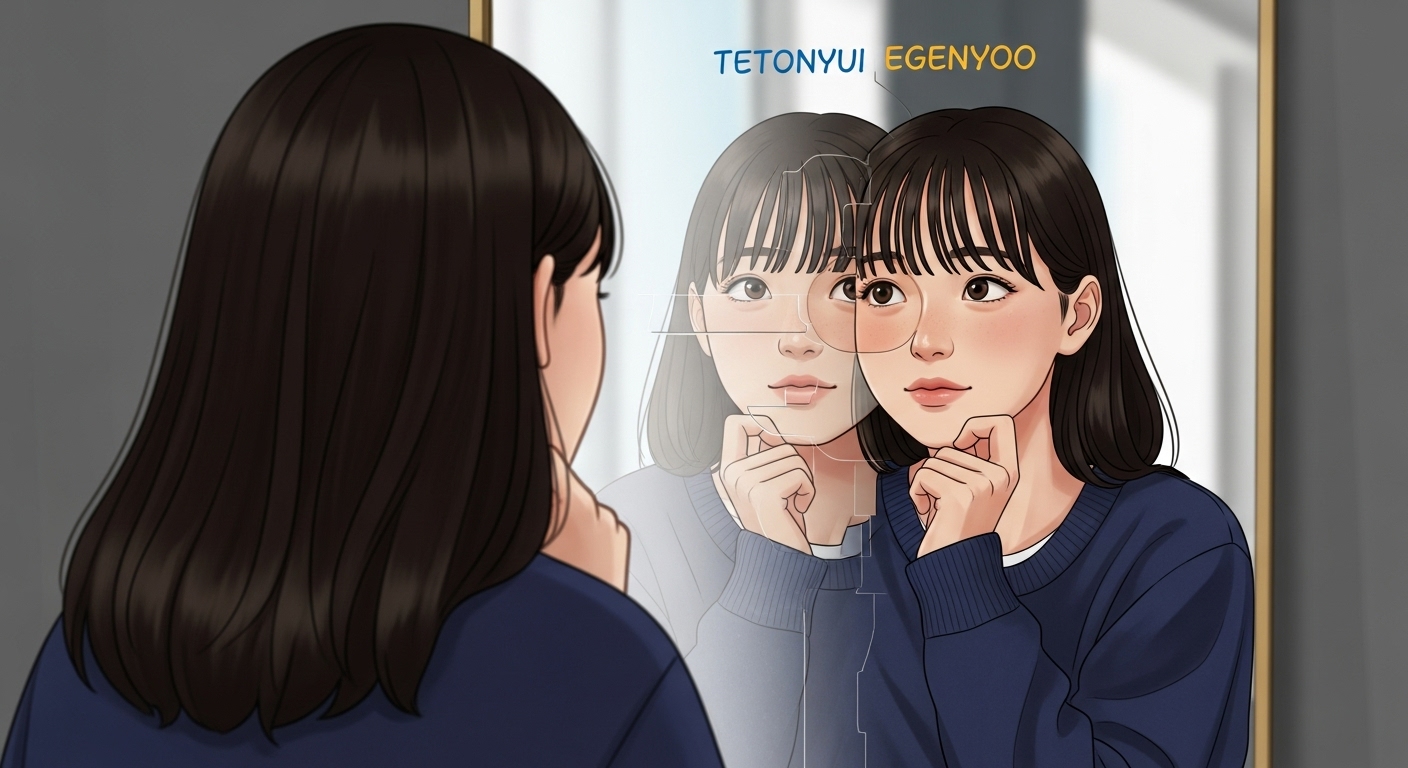 거울을 보며 자신이 테토녀인지 에겐녀인지 혹은 두 가지 특성을 모두 가졌는지 고민하는 사람의 모습.