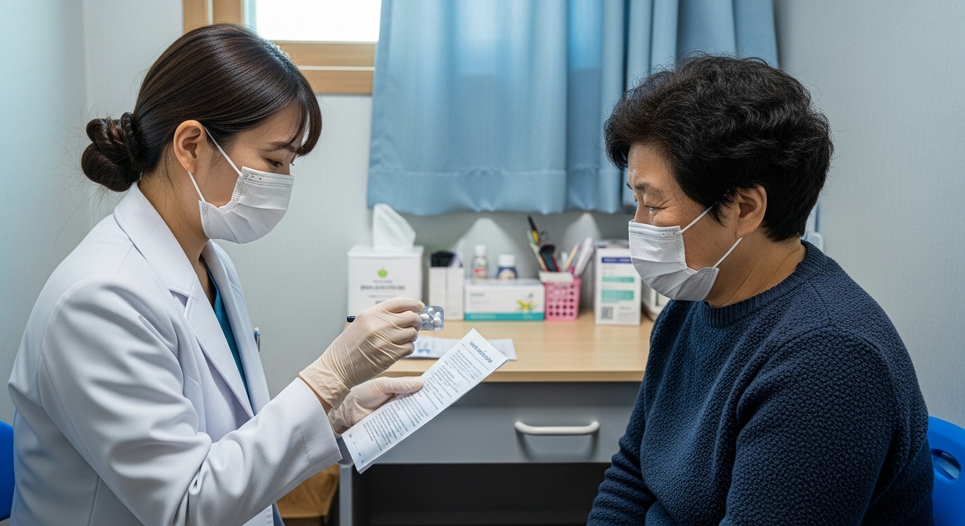 의료진이 쪽방에 거주하는 주민에게 약을 전달하며 복약 설명을 해주는 따뜻한 장면입니다.