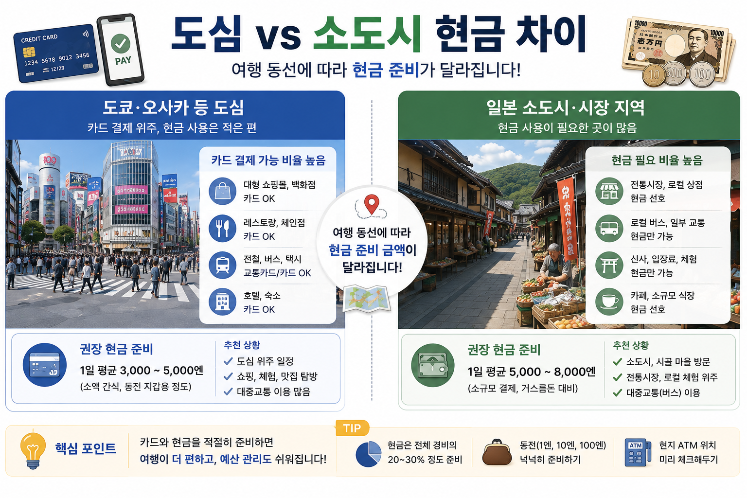 도쿄 오사카 도심과 일본 소도시의 현금 카드 사용 차이를 보여주는 이미지