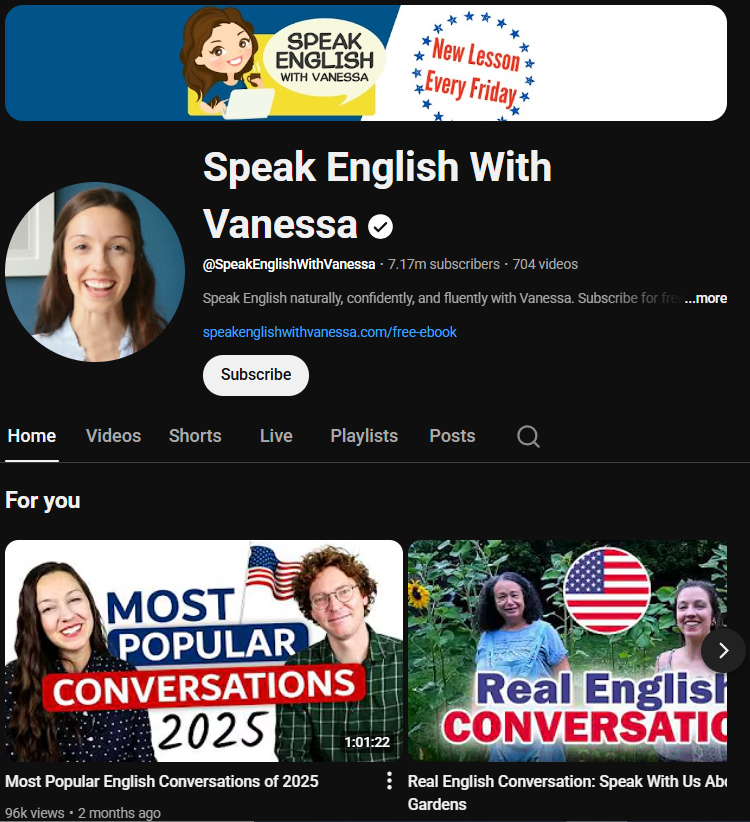 유튜브 채널 Speak English With Vanessa 메인 페이지