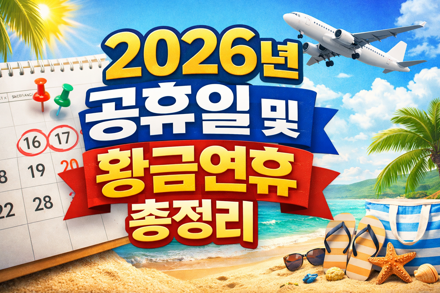 2026 public holidays and golden weekends in South Korea overview thumbnail image showing a calendar and travel elements, 2026년 공휴일 및 황금연휴를 한눈에 정리한 달력과 여행 콘셉트 썸네일 이미지