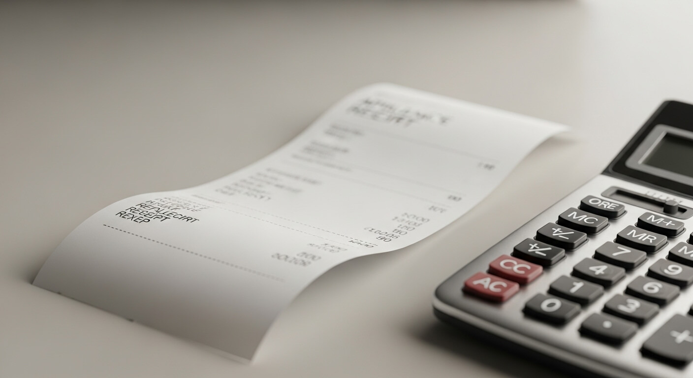 영수증과 계산기가 나란히 놓인 테이블 위의 근접 촬영