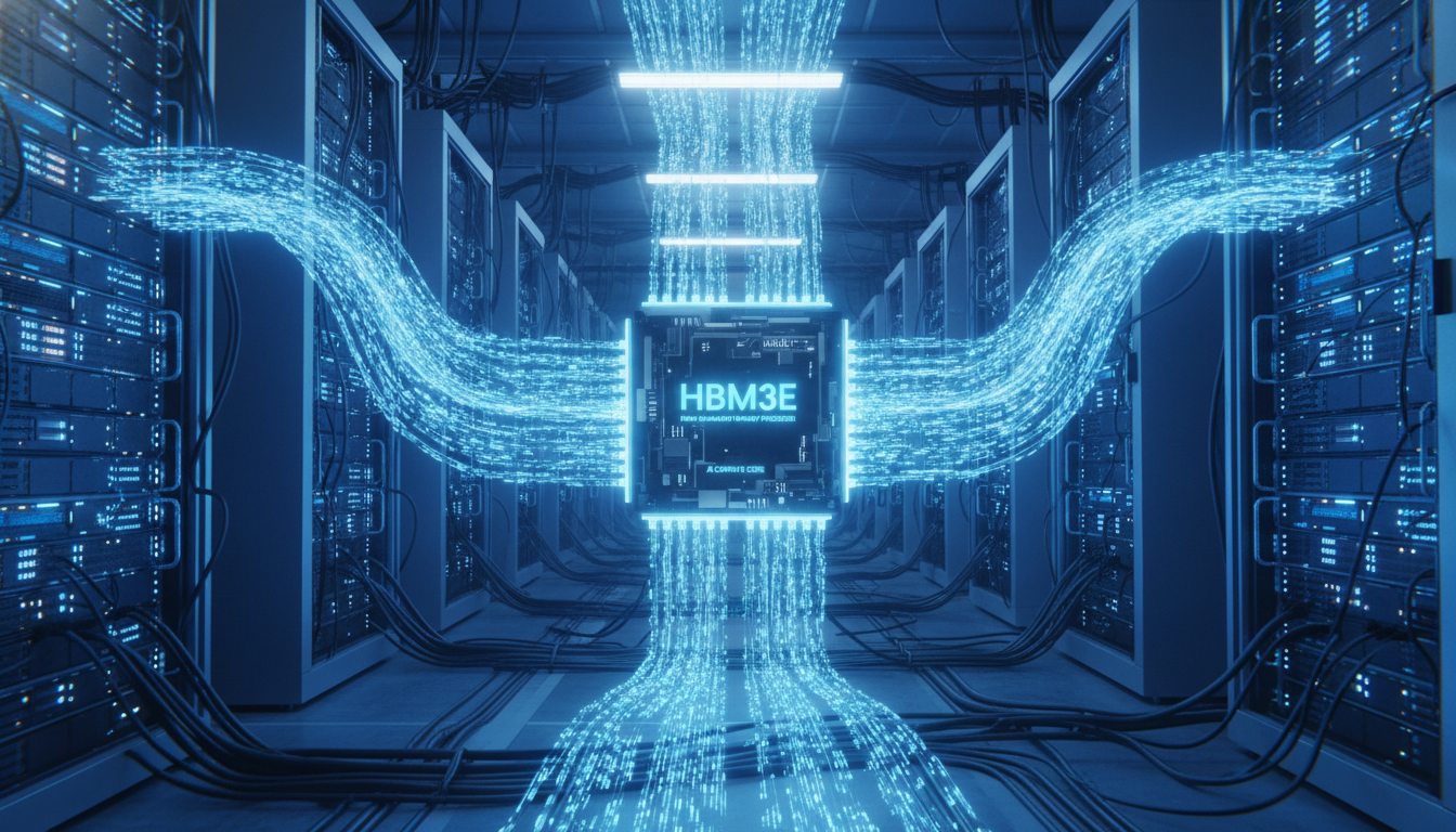 HBM3E 메모리 칩과 푸른빛을 내는 2026년 AI 데이터센터 서버 랙