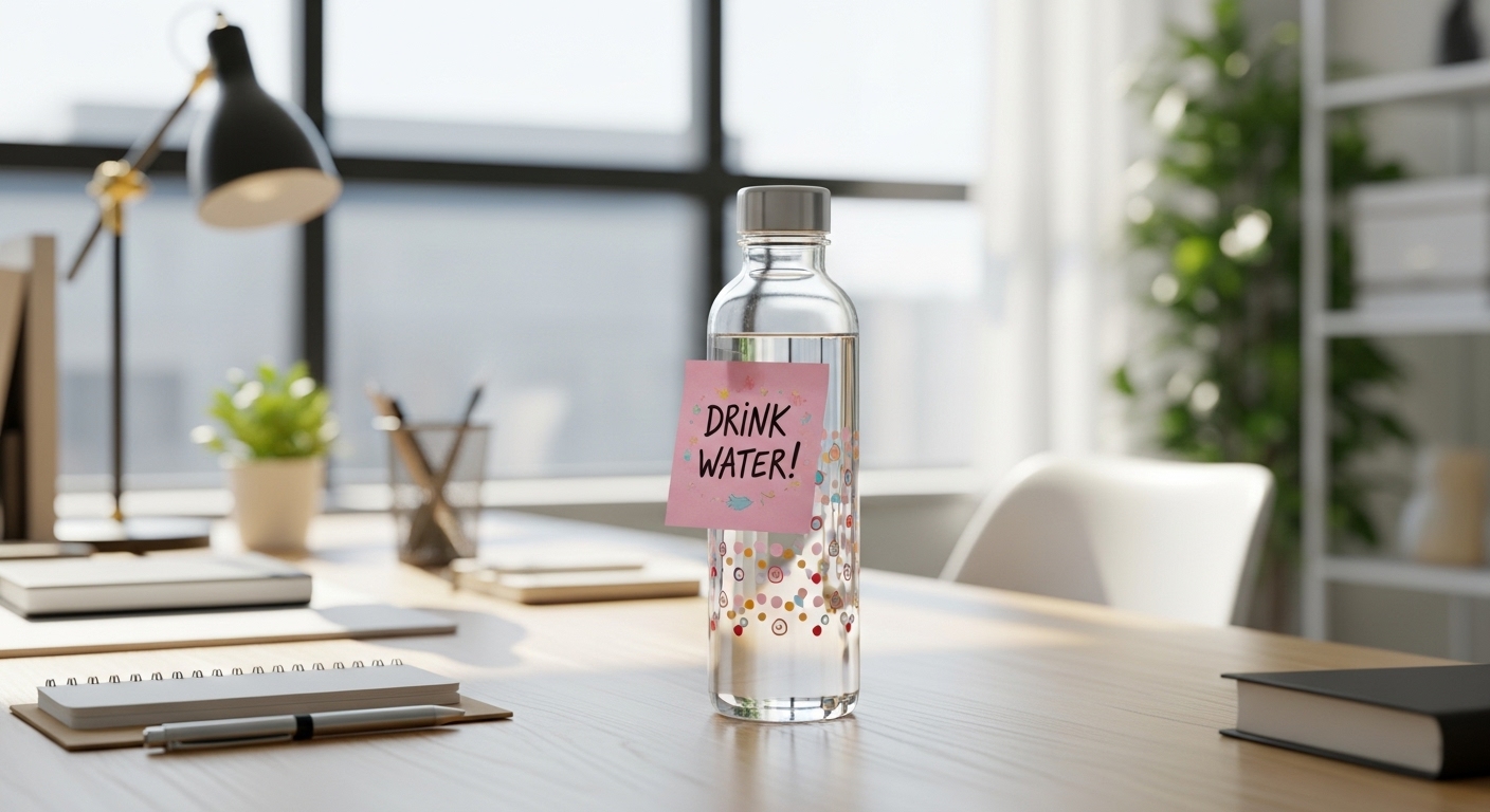 책상 위에 물병과 포스트잇 &lsquo;물 마셔!&rsquo;