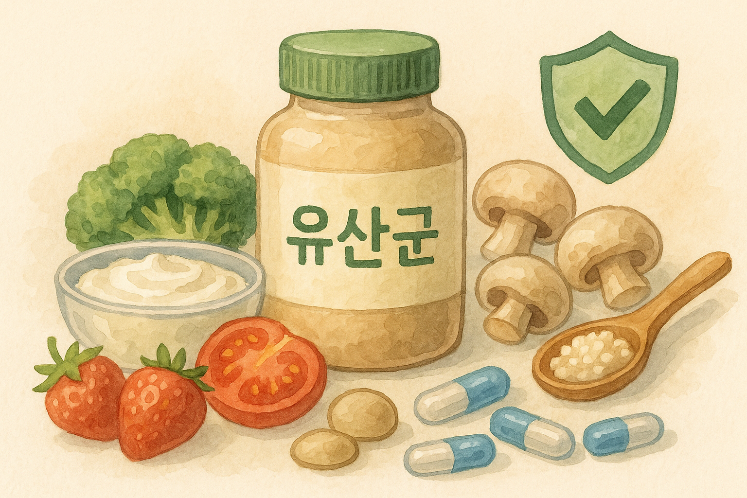 대표적인 유산균은 브로콜리, 버섯, 딸기, 토마토, 요거트가 있다.