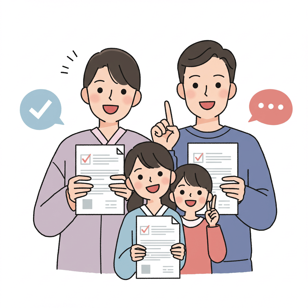 승인된 서류와 함께 큰 체크 표시를 보이며 미소 짓는 부모와 가운데 여자 아이 두명이 같이 즐거워하고 있다