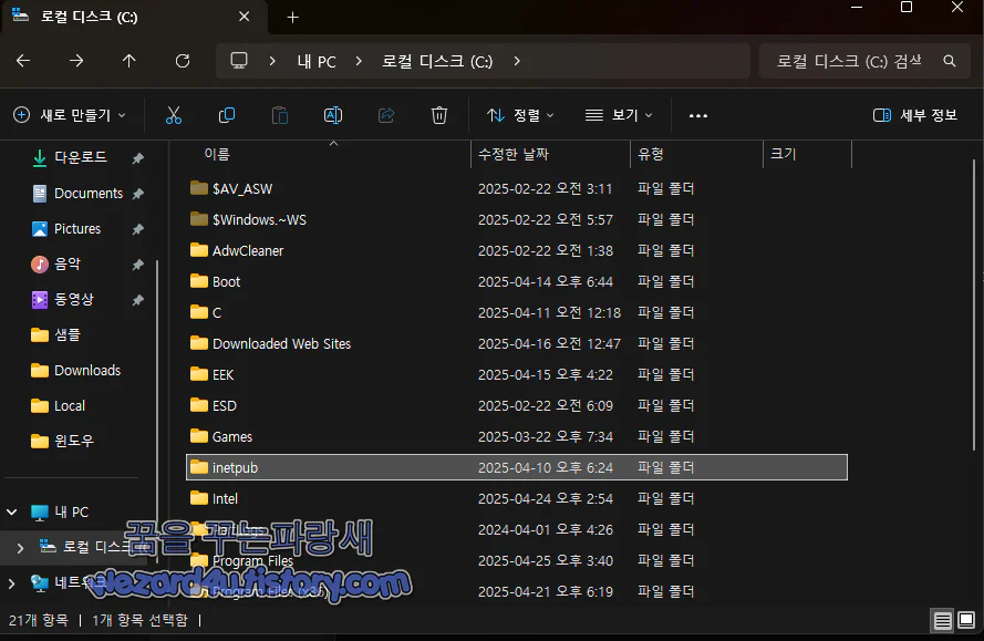 윈도우 4월 보안 업데이트 에서 생성한 inetpub 폴더