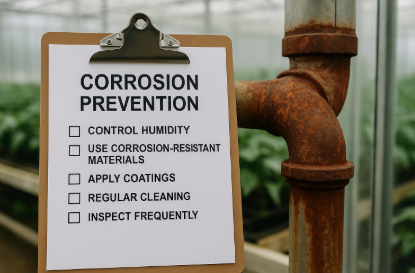 녹슨 배관 옆에 &lsquo;CORROSION PREVENTION&rsquo; 체크리스트가 놓인 온실 내부 모습