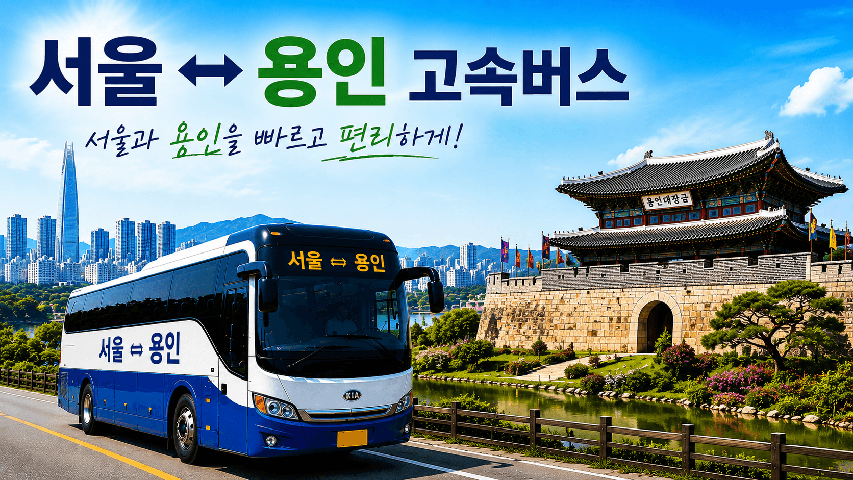 서울과 용인을 오가는 버스와 용인 관광지