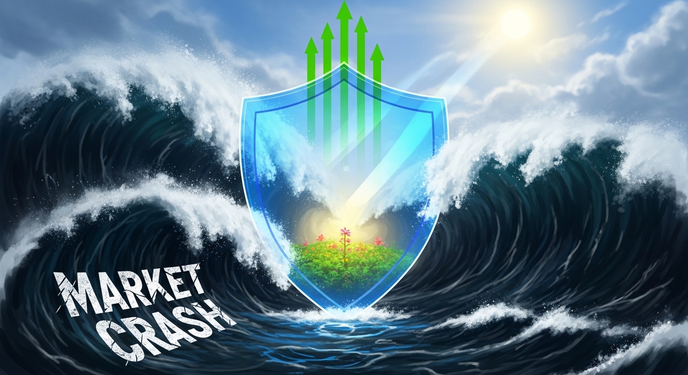 거친 파도(하락장)를 든든하게 막아주는 방패와 지수 상승을 따라가는 화살표가 함께 있는 인포그래픽