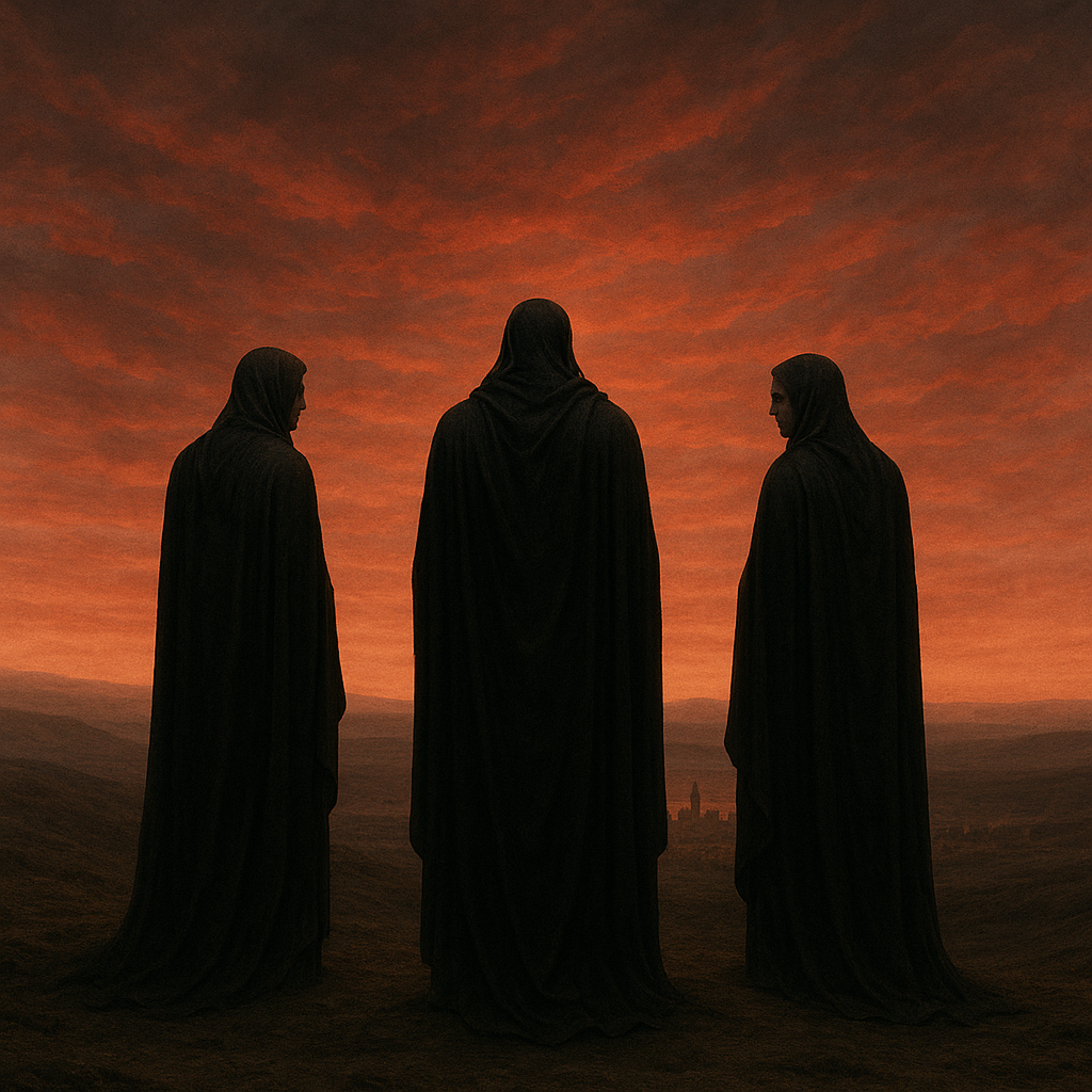 광활한 황무지 위에 서 있는 고대 신화적 존재 3명. 검은 망토를 입고 인간 도시를 멀리서 바라보는 모습