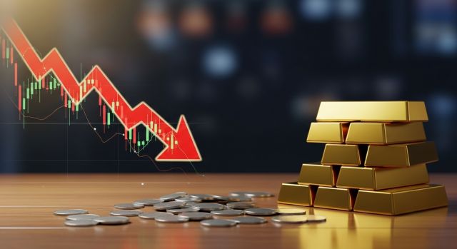 금과 은 가격 급락을 나타내는 하락 그래프와 금괴 이미지