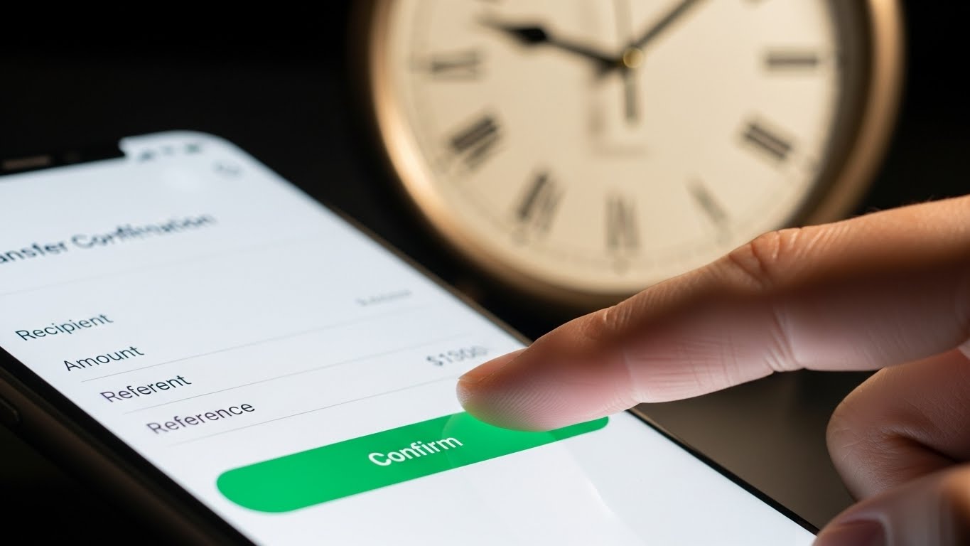 은행 영업시간 마감 전 연금 계좌에 돈을 입금하기 위해 스마트폰 뱅킹 앱을 사용하는 손