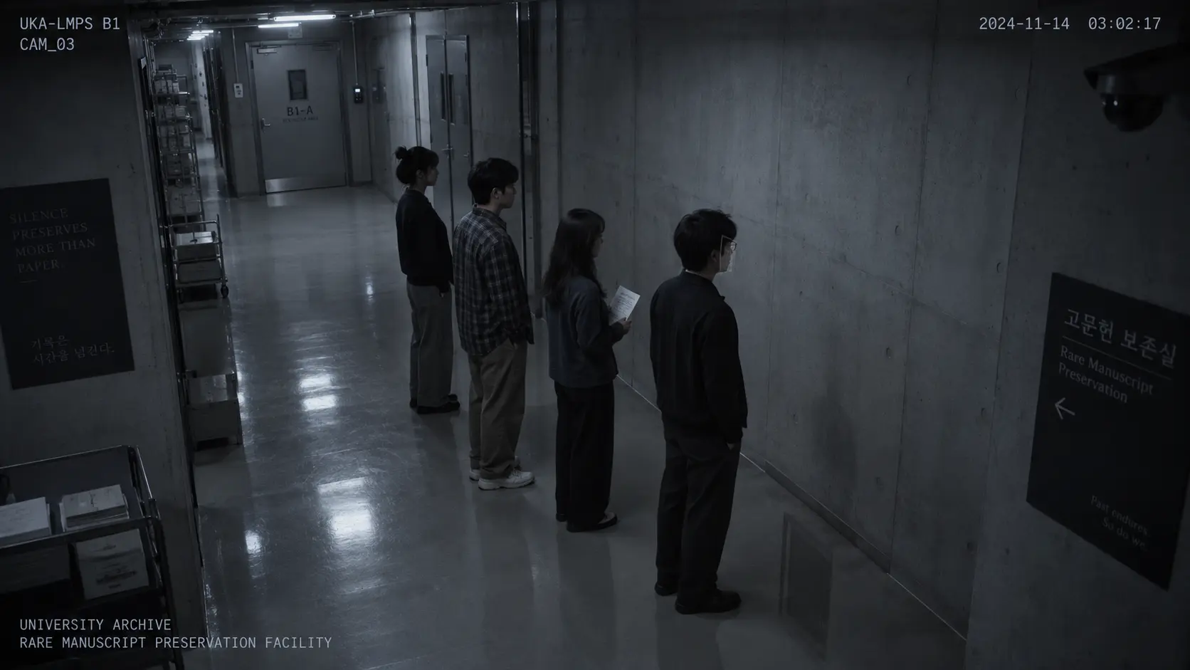 Researchers exposed to the Necronomicon translation standing in line before the same blank basement wall as if waiting for an invisible door.