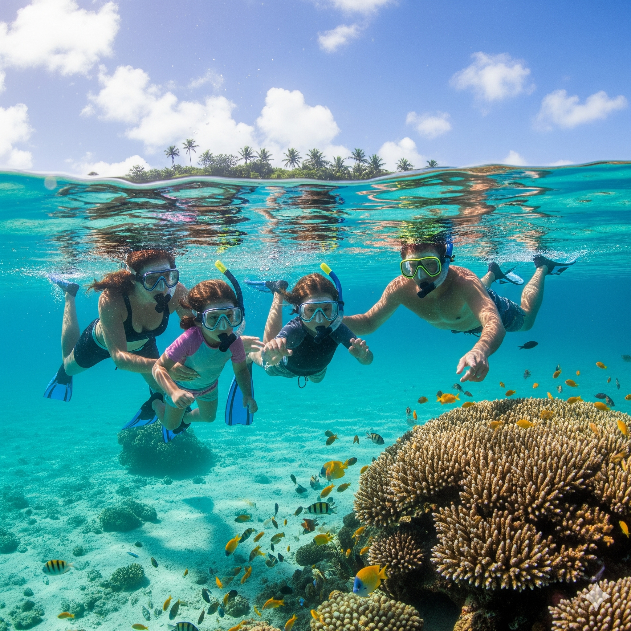 사이판의 맑은 바닷속에서 즐기는 가족 스노클링