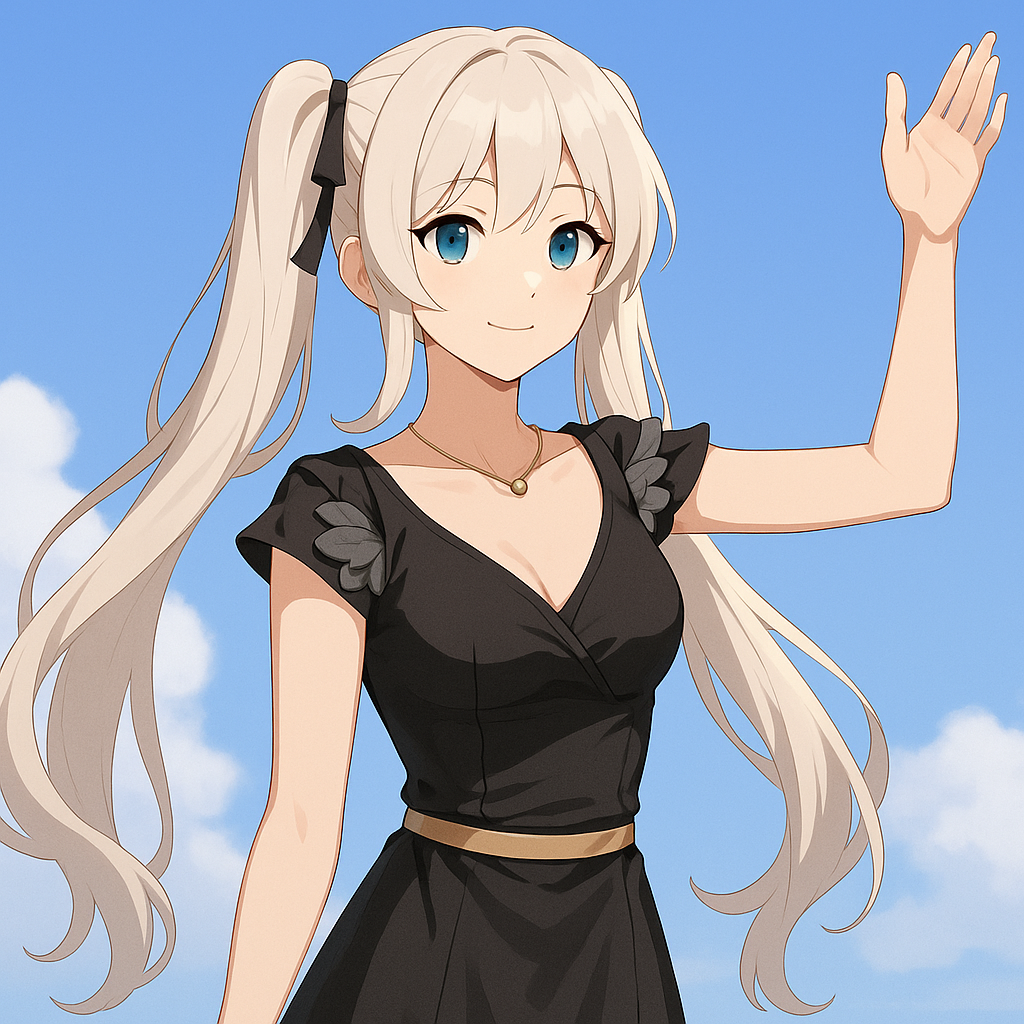 마비노기M 스타일의 금발 트윈테일 여성 캐릭터 &ndash; 검은 드레스와 푸른 하늘 배경의 밝고 세련된 일러스트