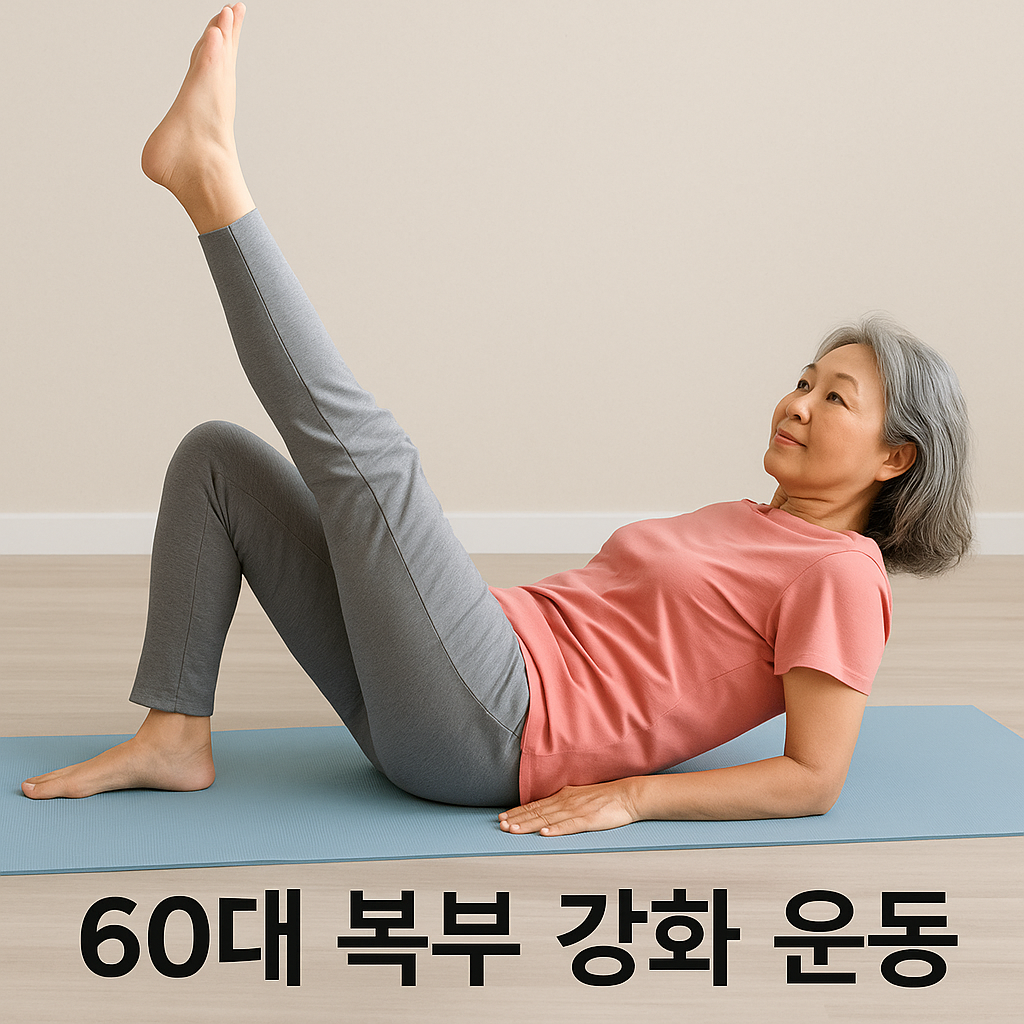 바닥에 누워 다리를 천천히 들어 올리는 60대 여성 이미지