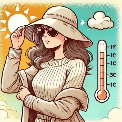 일교차와 햇볕을 피하려 외투를 들고 모자와 선글라스를 낀 여성