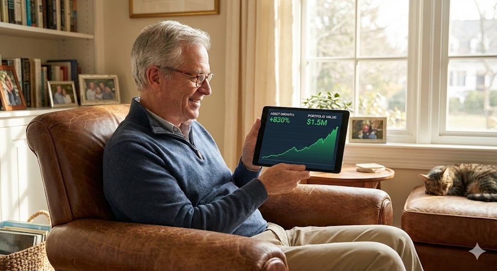 편안한 노후를 보내며 태블릿으로 불어난 자산을 확인하고 흐뭇해하는 10년 뒤의 투자자 모습