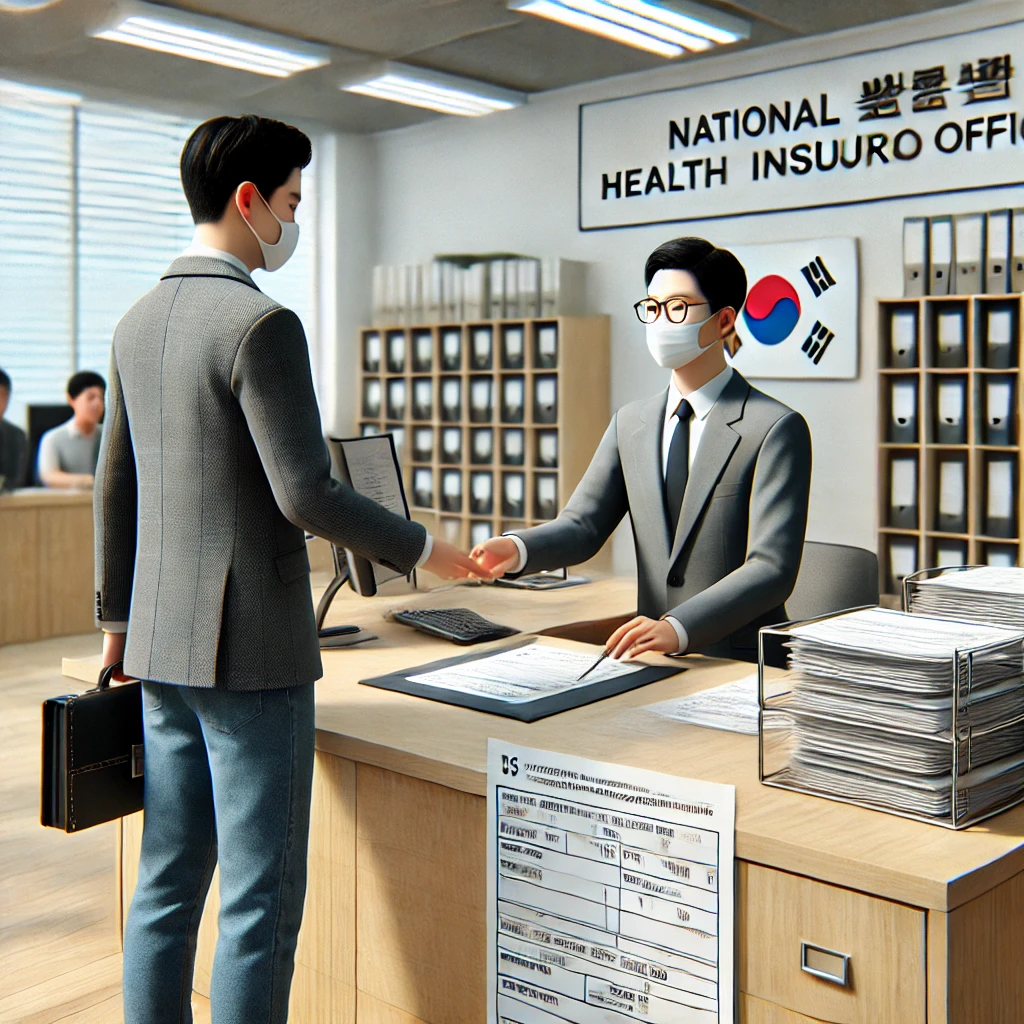 국민건강보험공단에서 서류를 발급받는 한국인