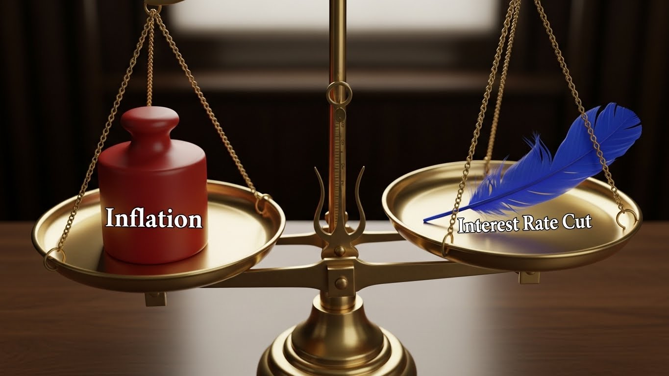 A scale weighing 'Inflation' (red weight) against 'Interest Rate Cut' (blue feather), symbolizing the delicate balance of the economy