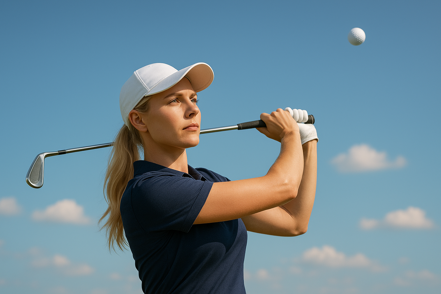 금발의 여자 프로골퍼의 아름다운 롱 아이언 타격하는 모습