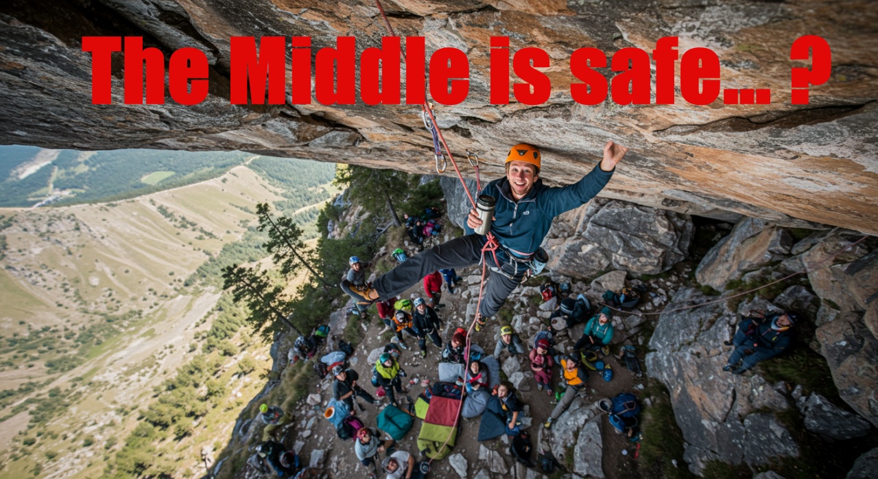 중간 지점의 절벽에 불안하게 기대어 커피를 마시는 등반자와, 그를 이상하게 바라보는 산 정상과 산 아래 사람들