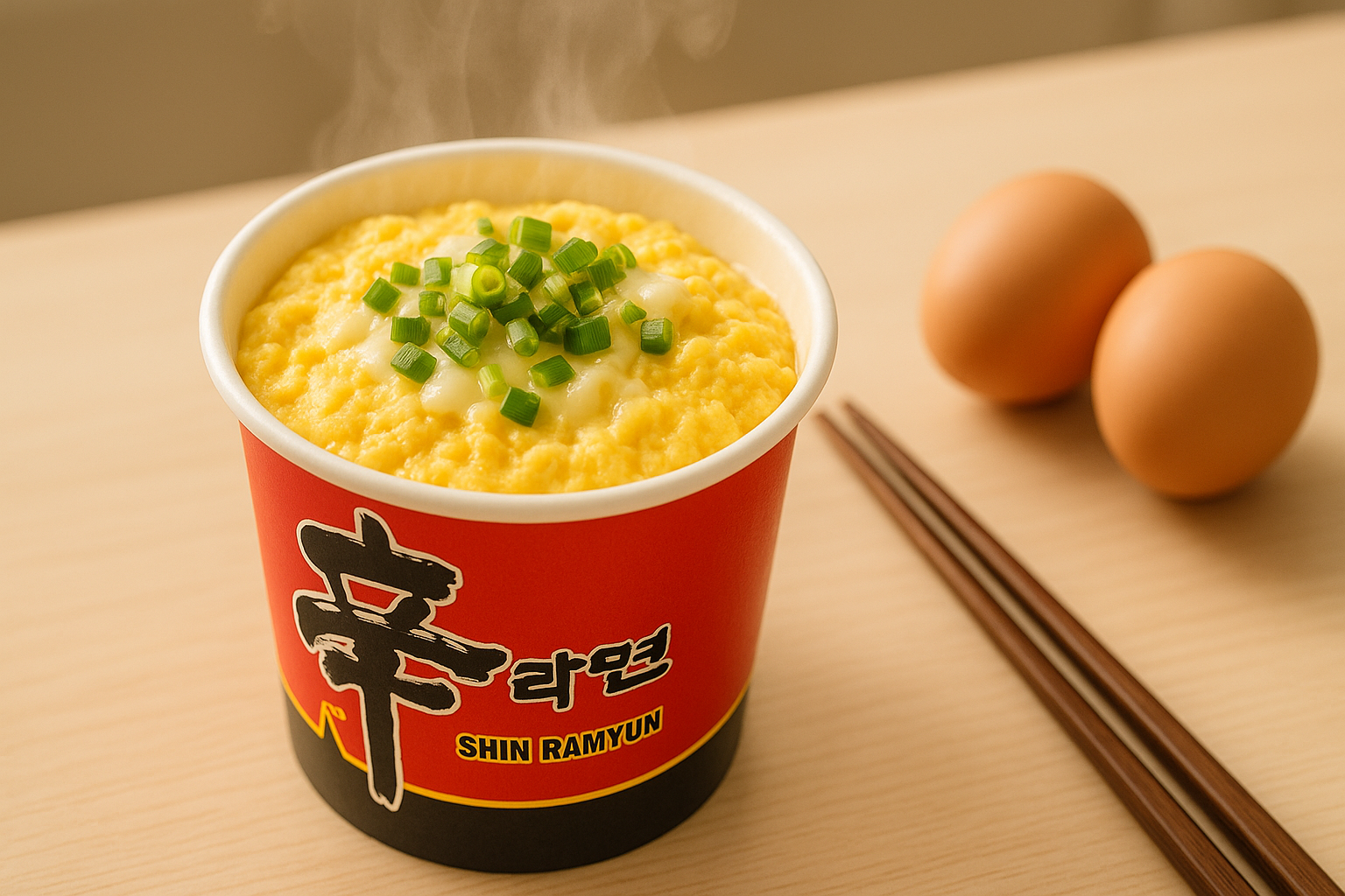 신라면 컵라면 용기 안에 몽글몽글한 노란색 달걀찜이 가득 담긴 모습