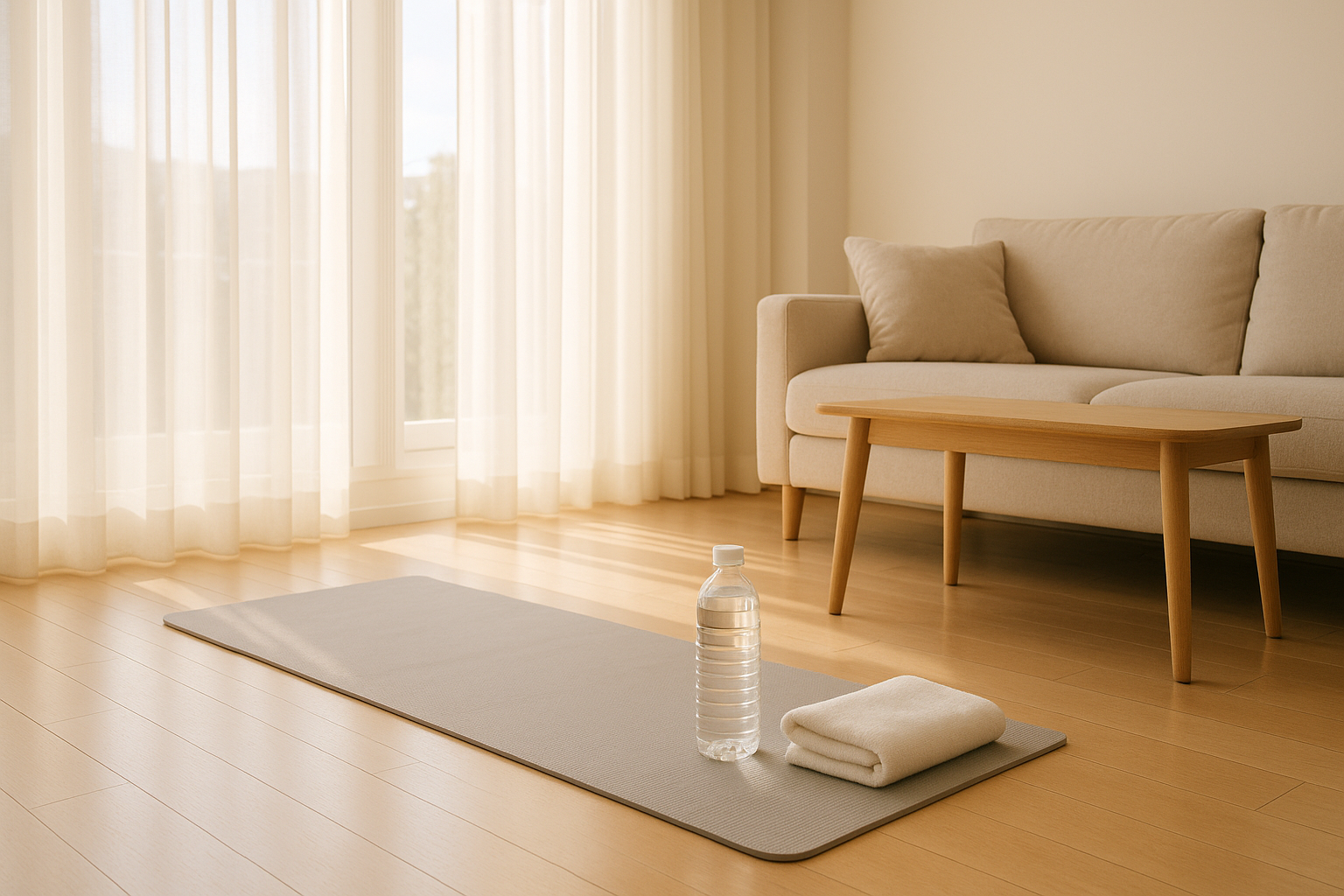 밝은 거실에 요가 매트와 물병이 놓여 있고 햇살이 들어오는 아침 풍경