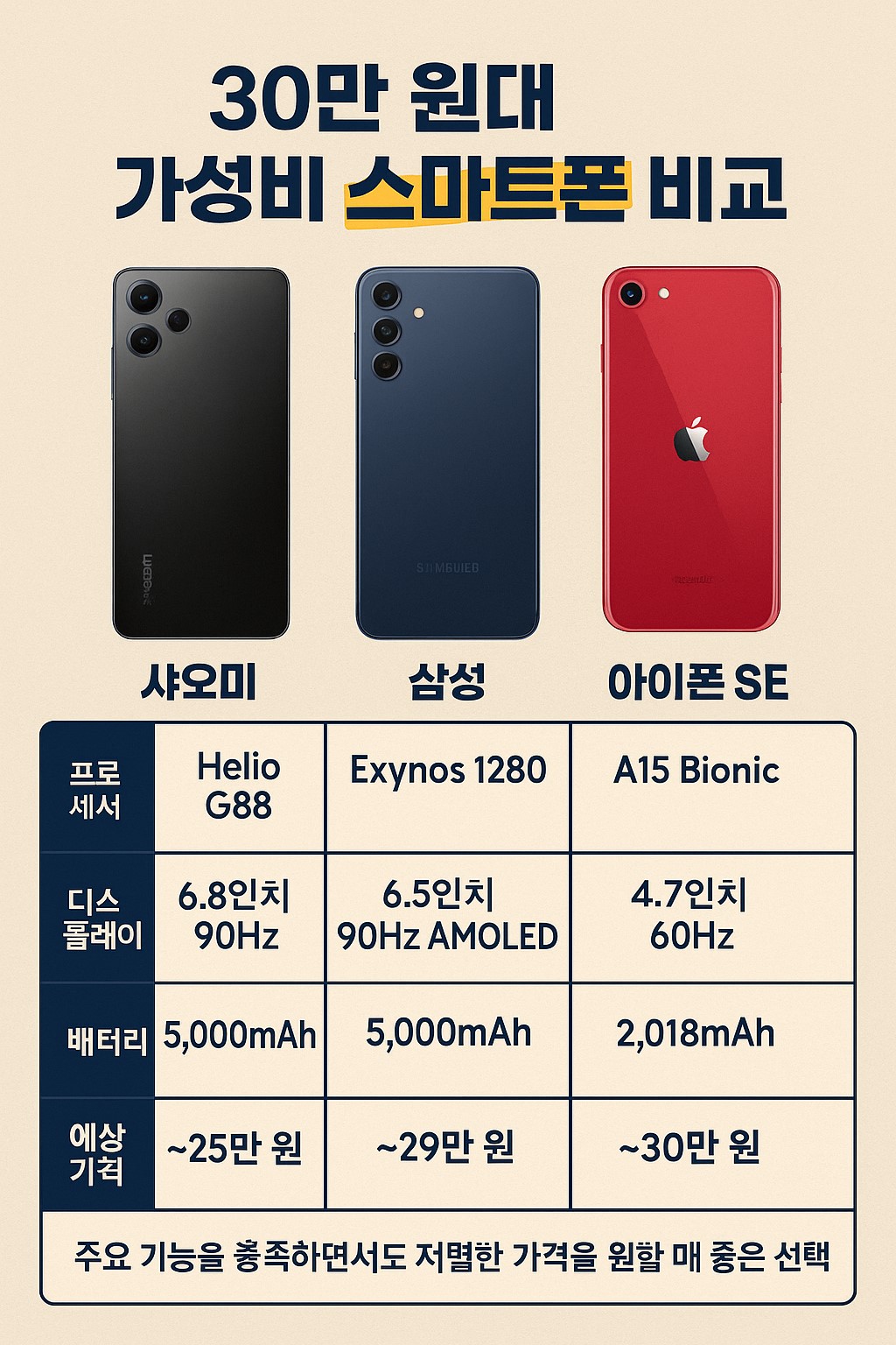 샤오미·삼성·아이폰 SE 30만 원대 스마트폰 비교 인포그래픽