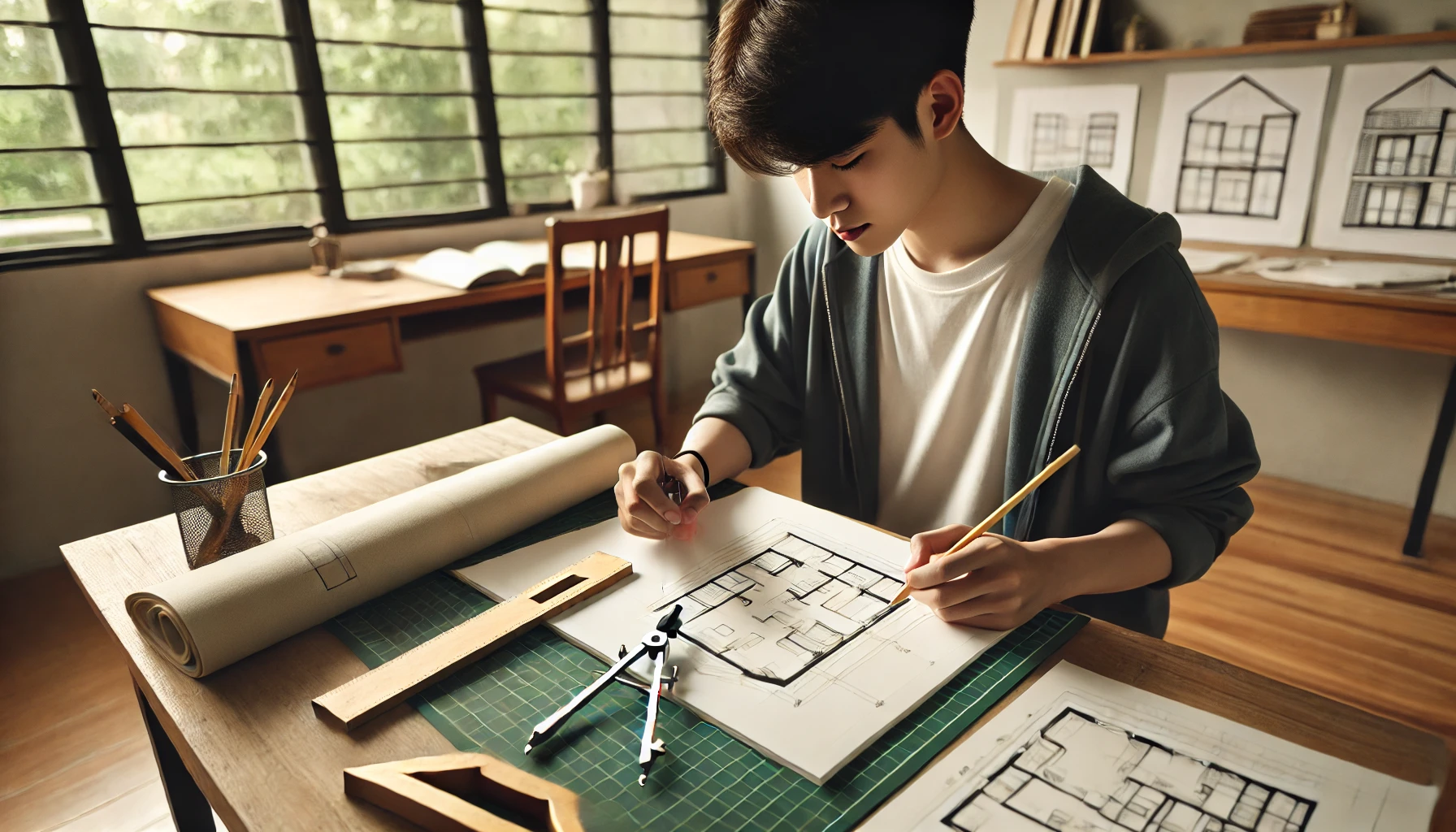 스케치북과 제도 도구를 사용하여 집중하며 건축 설계에 몰두하는 학생의 모습