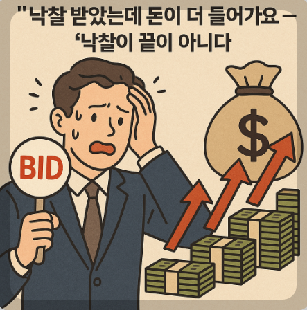 낙찰받고 돈이 더 들어가서 곤란해 하고 있는 이미지