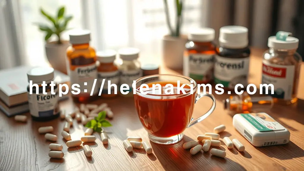 햇살이 은은하게 비치는 나무 테이블 위에 따뜻한 허브 차 한 잔과 정갈하게 놓인 영양제 캡슐/병들이 보입니다.