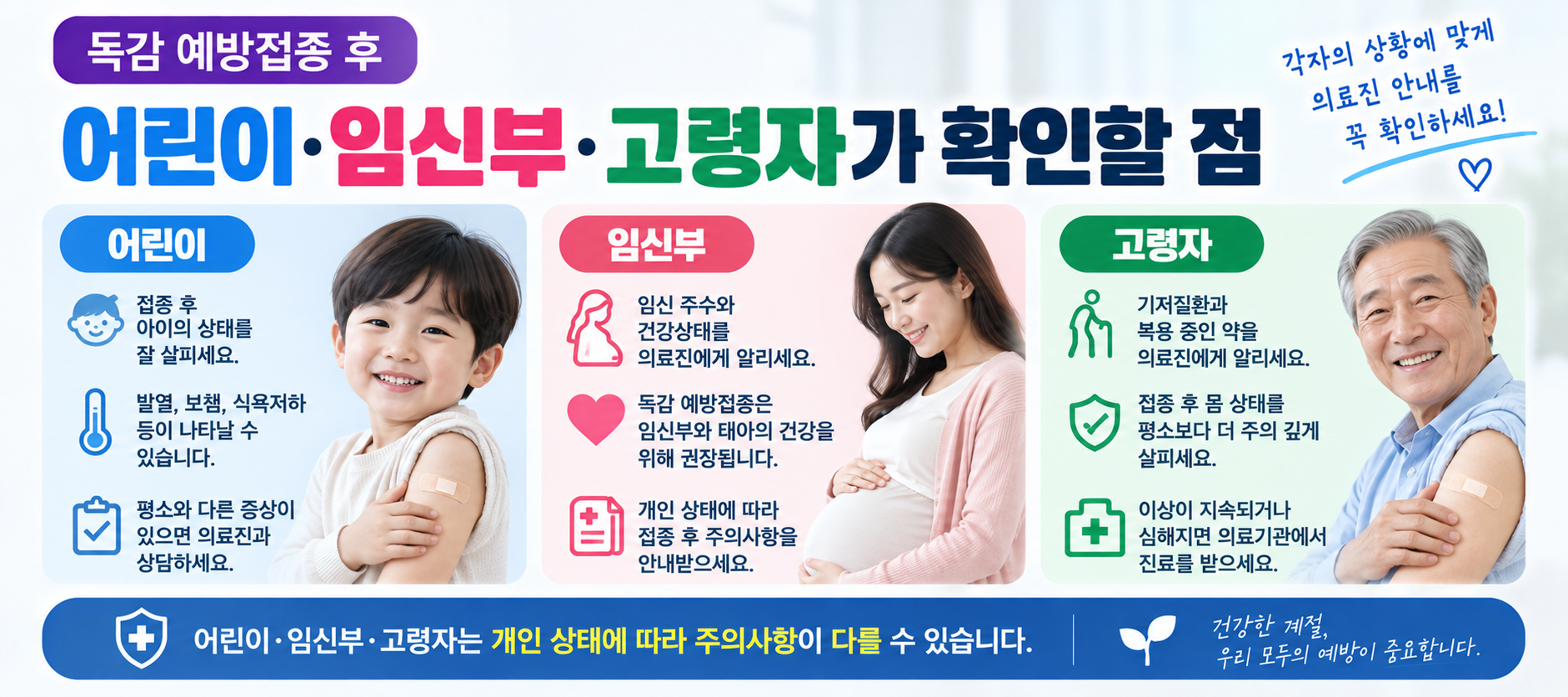 독감 예방접종 후 어린이 임신부 고령자 주의사항과 의료진 상담 안내 이미지